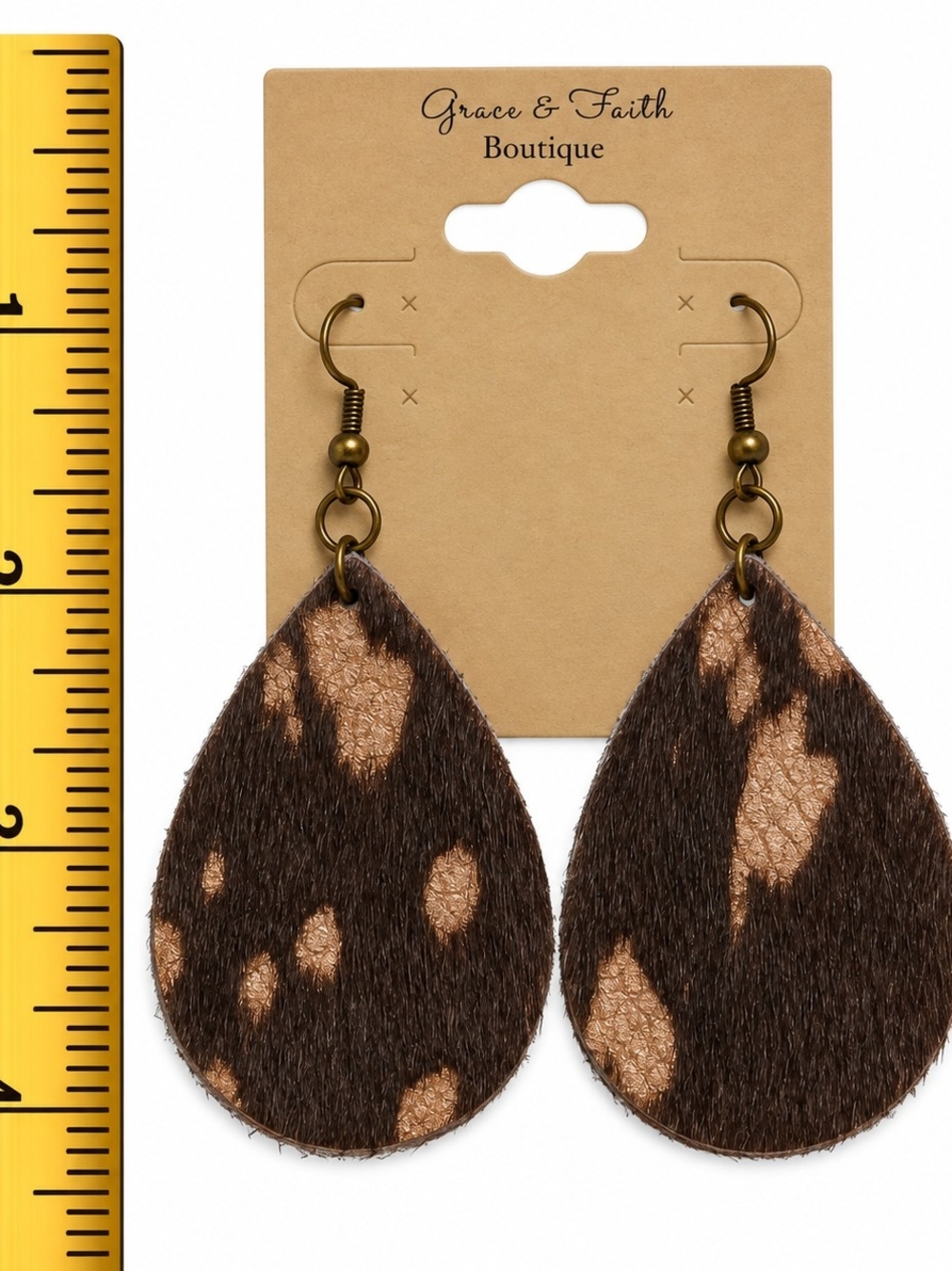 Brown Hair-On-Hide Leather Teardrop Earrings With Copper Accents